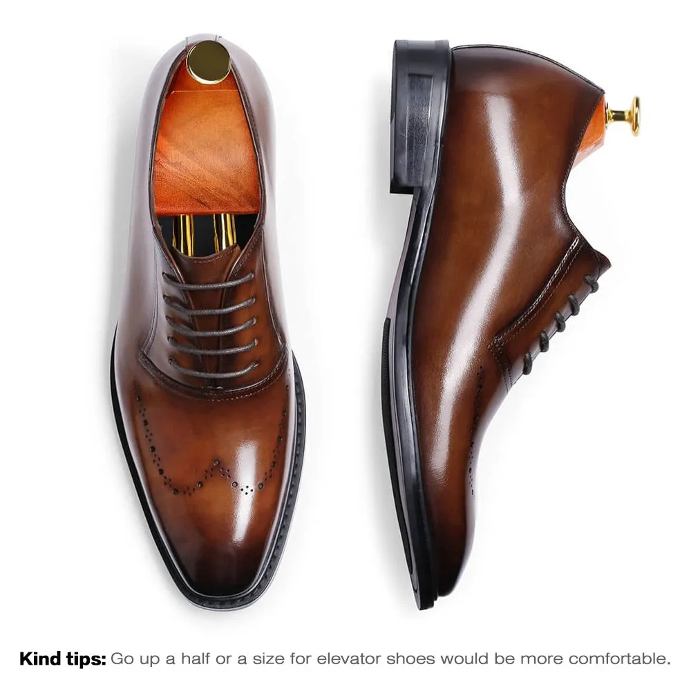 7 CM/2.76 Inches Taller -CMR CHAMARIPA Mens Height Increasing Formal Shoes- Hand Painted Leather Oxfords Men- Brown