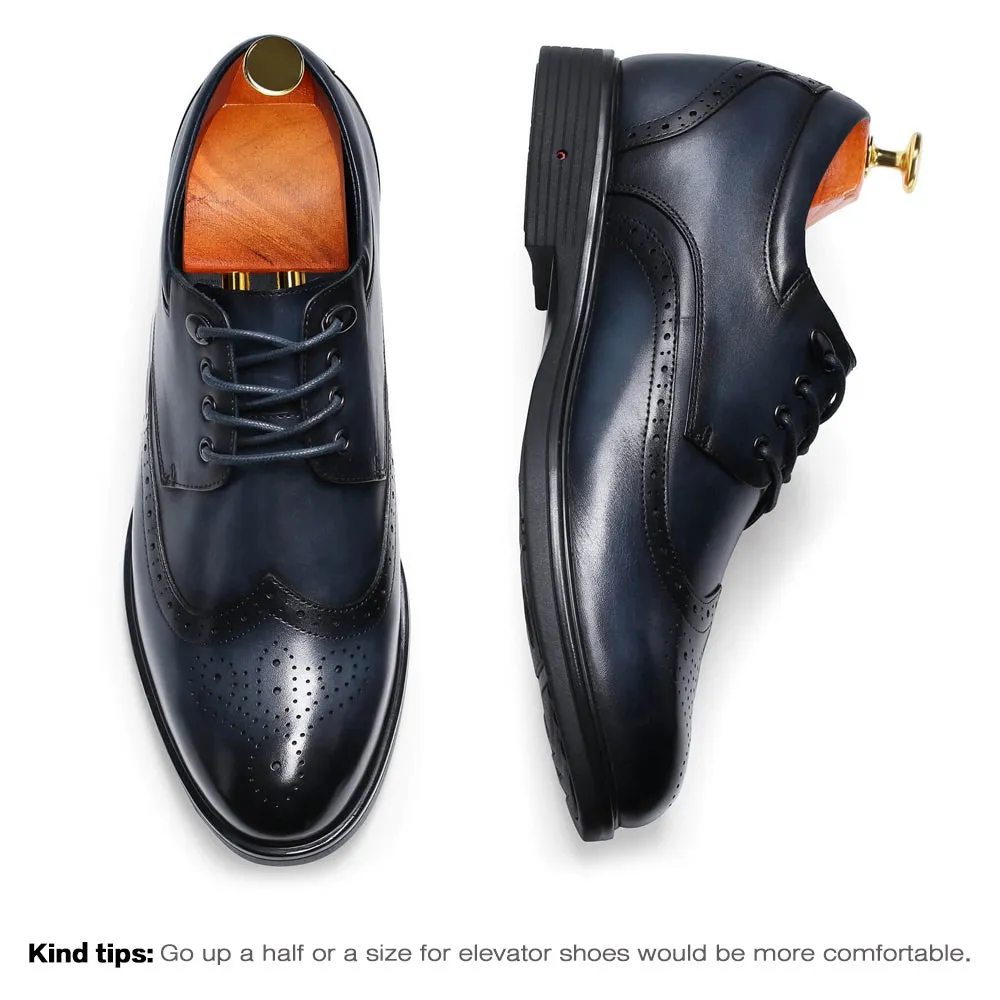 8 CM/3.15 Inches Taller -CMR CHAMARIPA Elevator Dress Elevator Shoes- Mens Hand Painted Wingtip Oxford Shoes- Blue