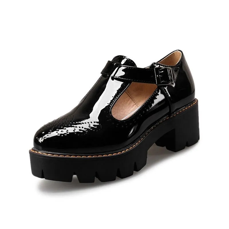 Alternative Fashion Brogue Round Toe Flats with Buckle Strap / Aesthetic Shoes for Women