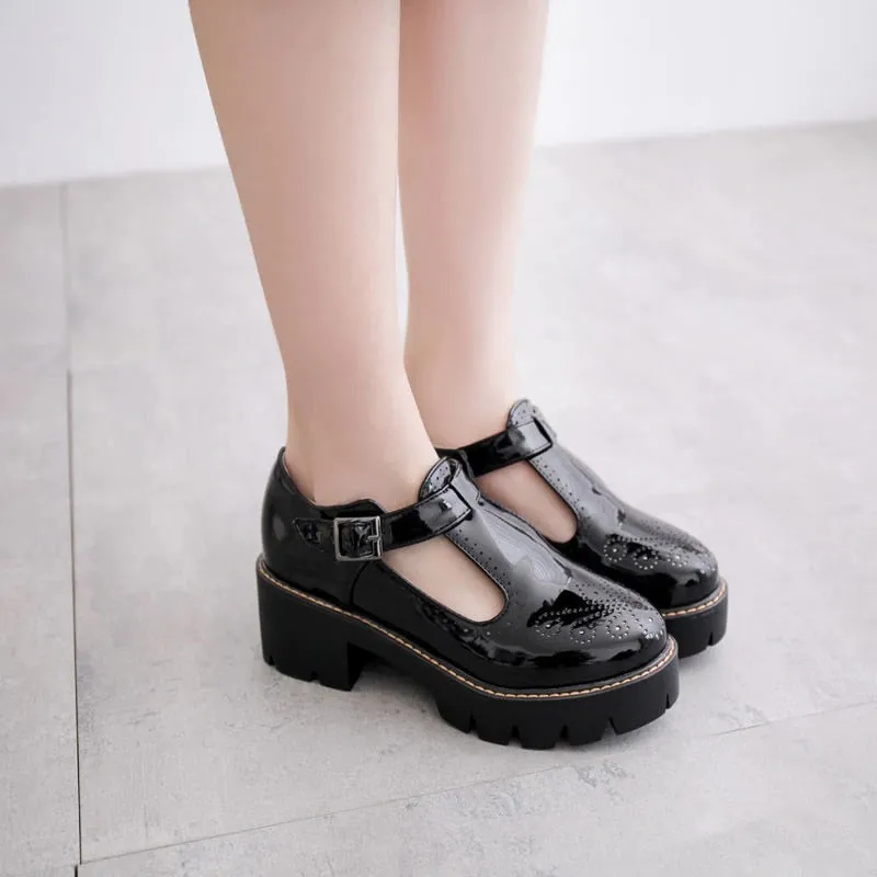 Alternative Fashion Brogue Round Toe Flats with Buckle Strap / Aesthetic Shoes for Women