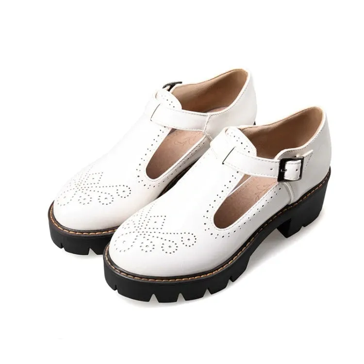 Alternative Fashion Brogue Round Toe Flats with Buckle Strap / Aesthetic Shoes for Women