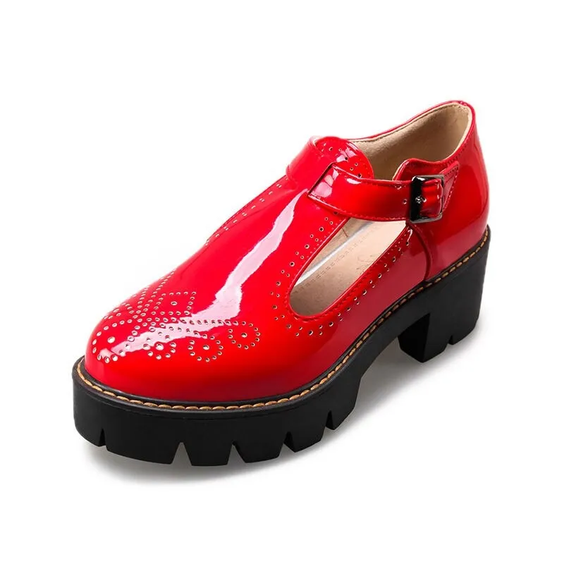 Alternative Fashion Brogue Round Toe Flats with Buckle Strap / Aesthetic Shoes for Women