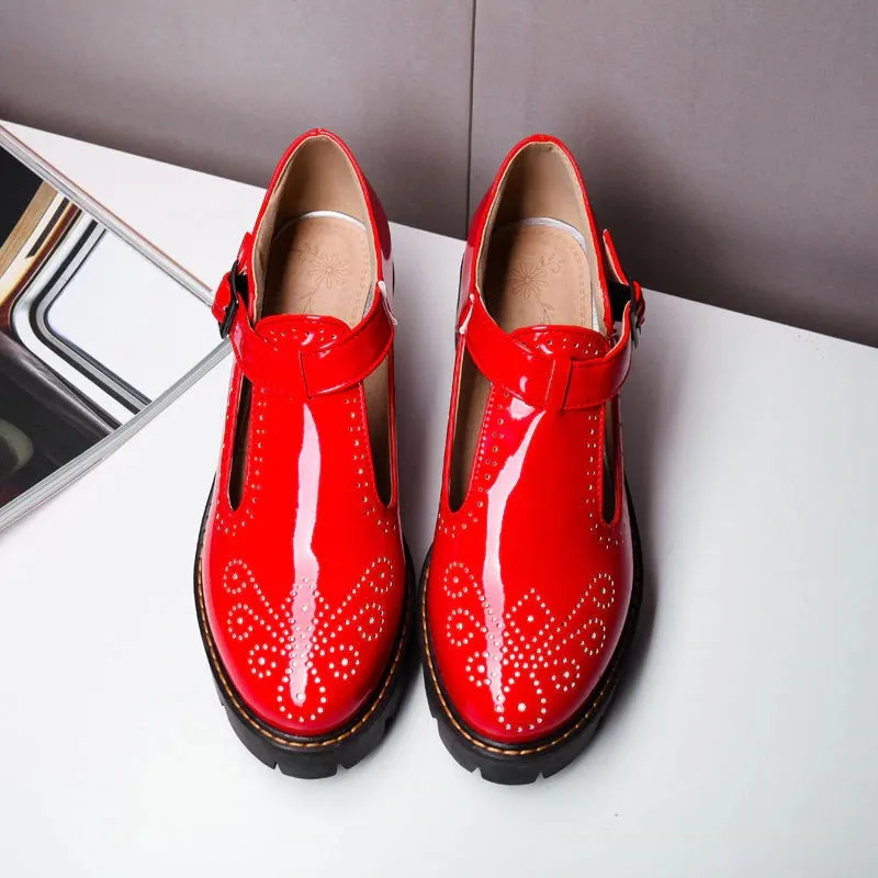 Alternative Fashion Brogue Round Toe Flats with Buckle Strap / Aesthetic Shoes for Women