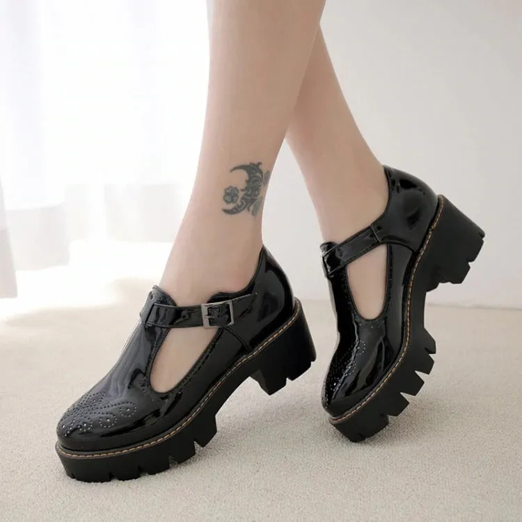 Alternative Fashion Brogue Round Toe Flats with Buckle Strap / Aesthetic Shoes for Women