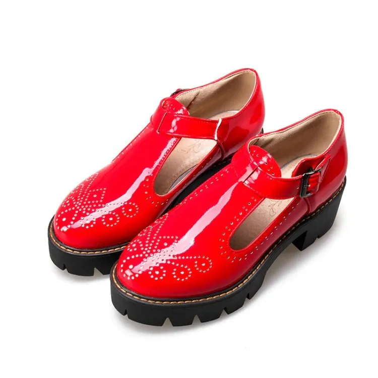 Alternative Fashion Brogue Round Toe Flats with Buckle Strap / Aesthetic Shoes for Women