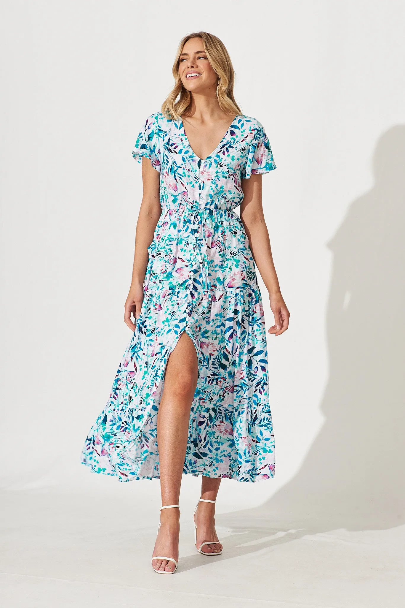 Clairie Maxi Dress In White With Teal Multi Watercolour Print