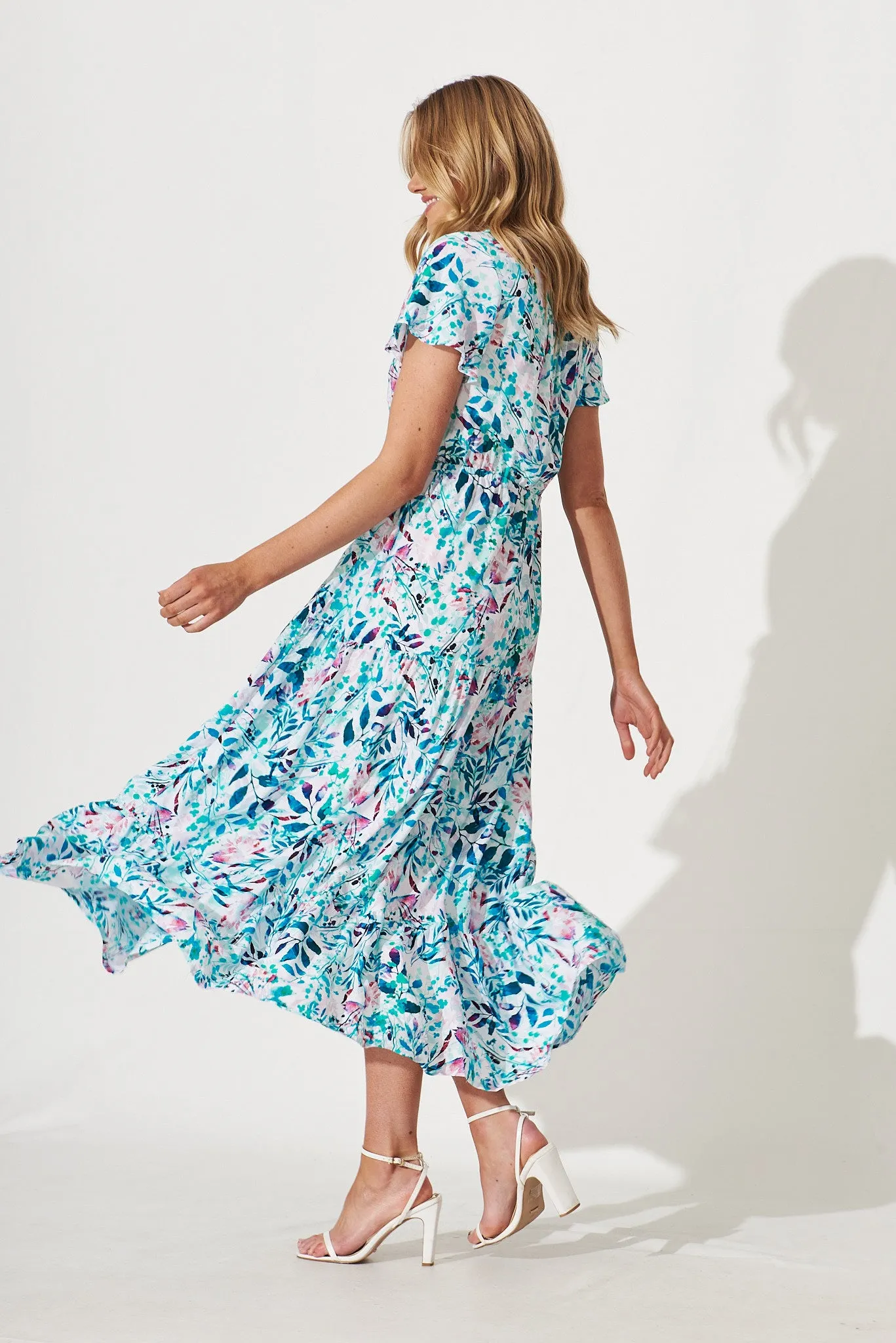 Clairie Maxi Dress In White With Teal Multi Watercolour Print