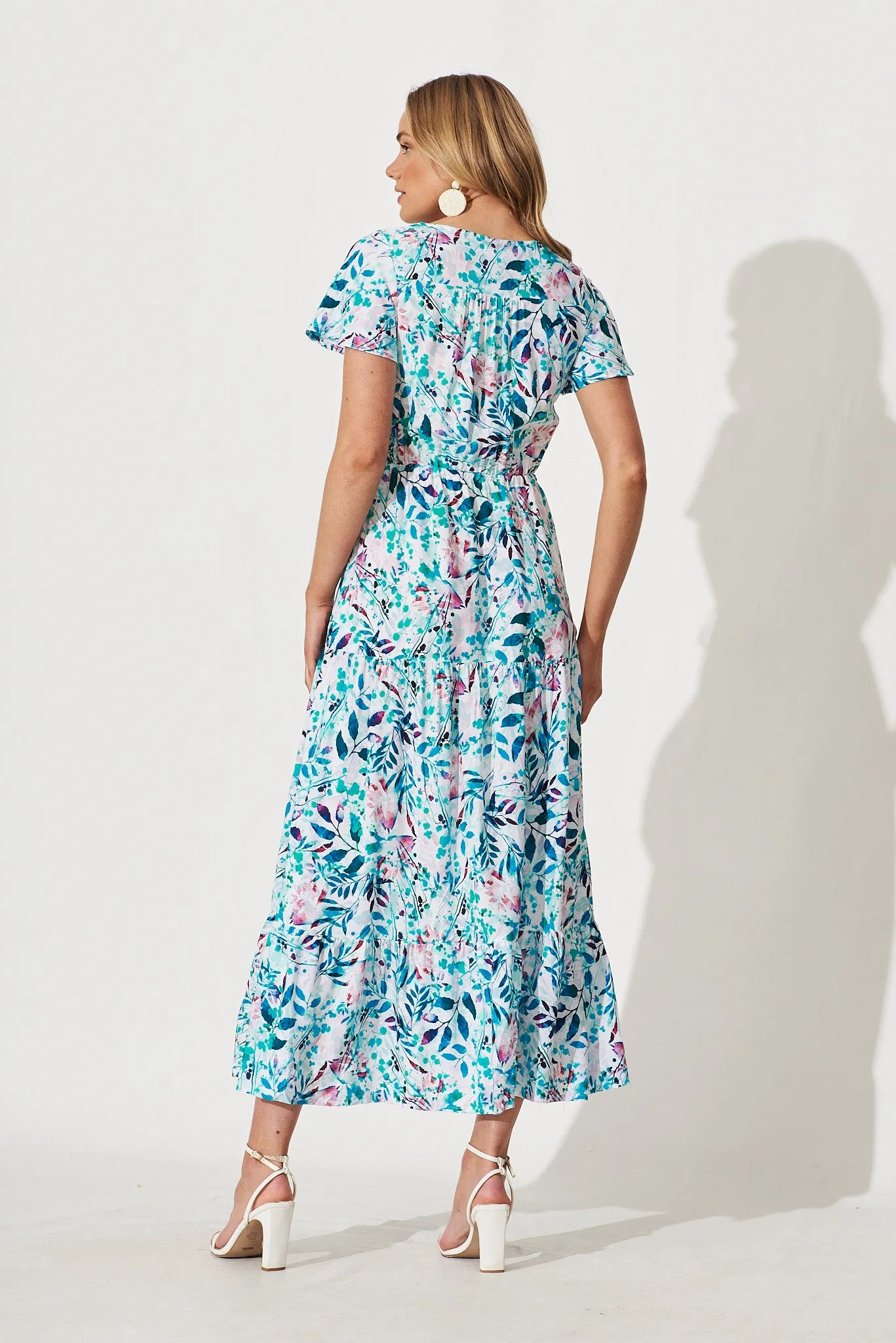 Clairie Maxi Dress In White With Teal Multi Watercolour Print