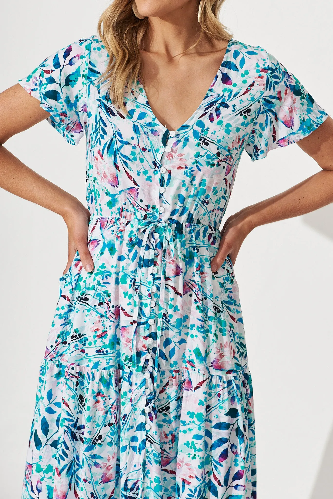 Clairie Maxi Dress In White With Teal Multi Watercolour Print