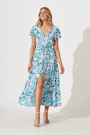 Clairie Maxi Dress In White With Teal Multi Watercolour Print