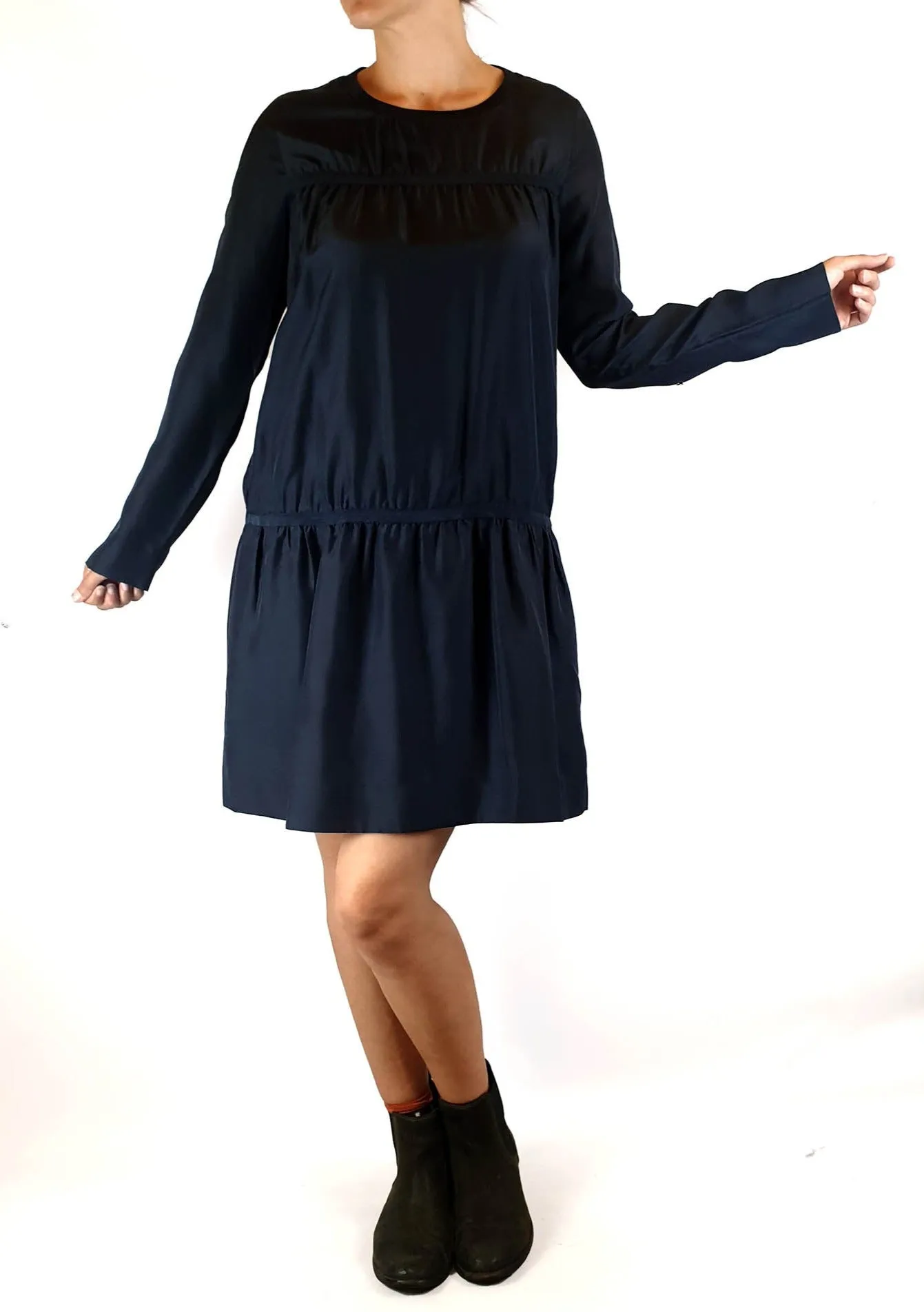 Cos black 100% silk long sleeve dress with bunching detail size S (best fits size 8)