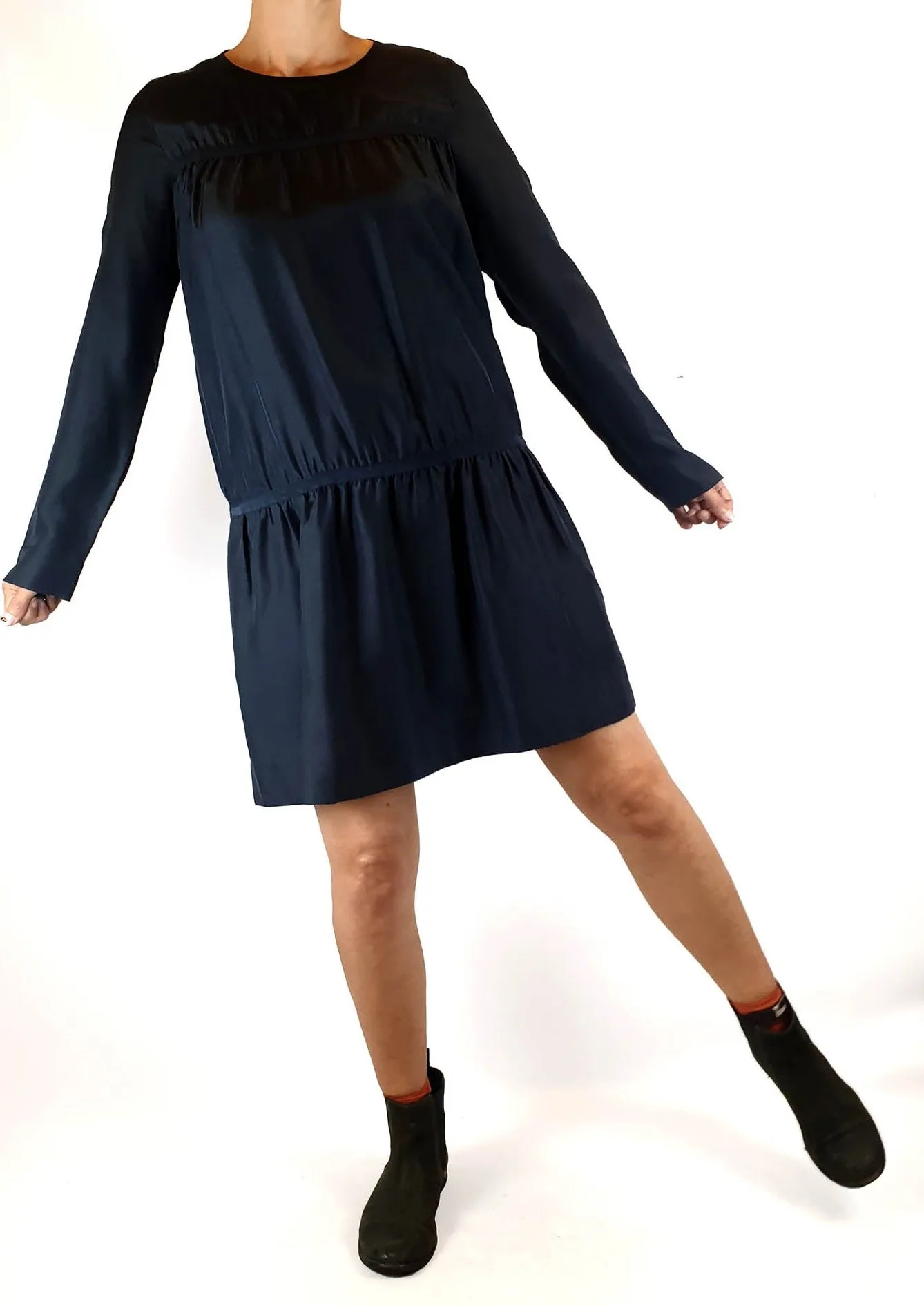 Cos black 100% silk long sleeve dress with bunching detail size S (best fits size 8)