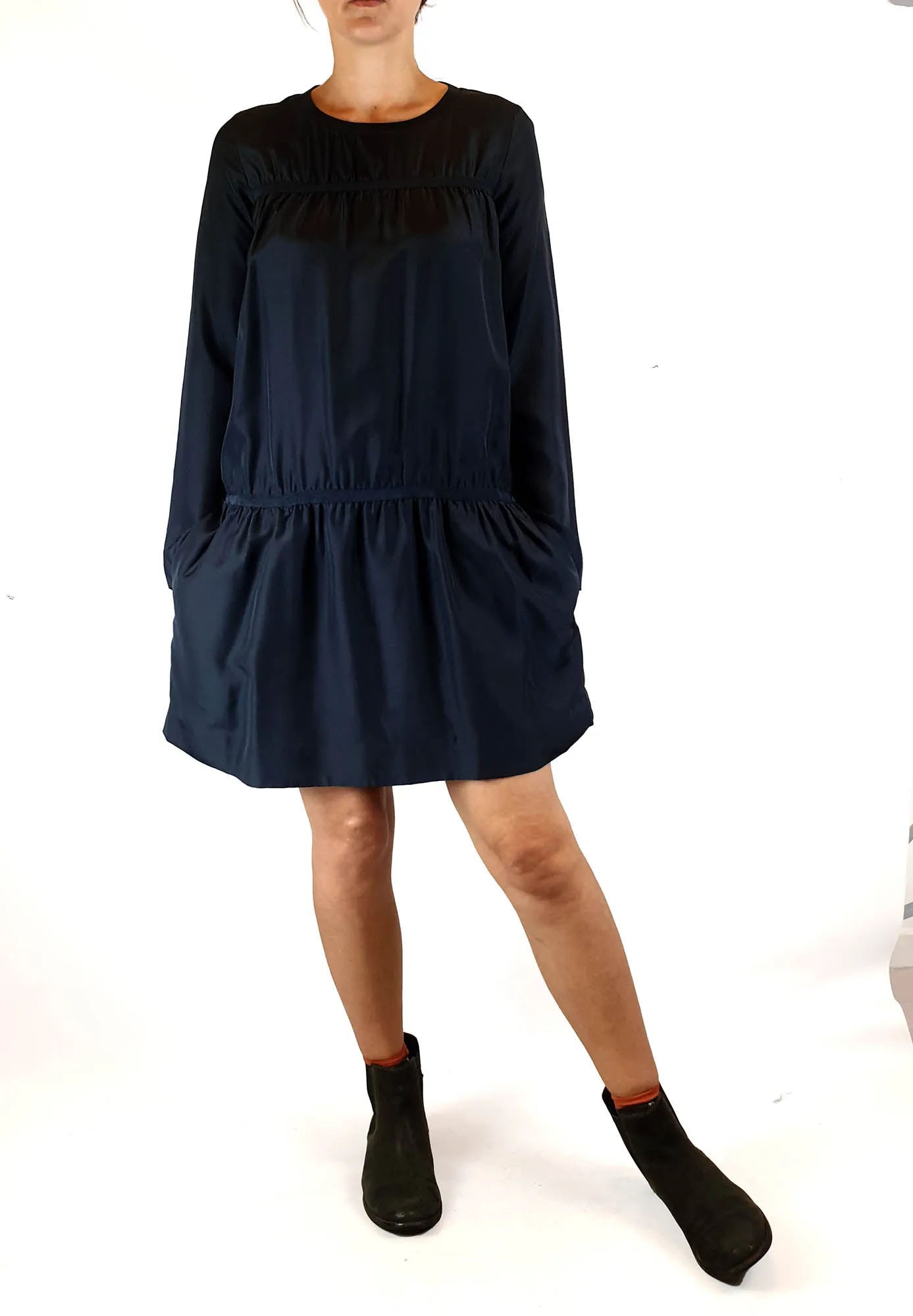Cos black 100% silk long sleeve dress with bunching detail size S (best fits size 8)