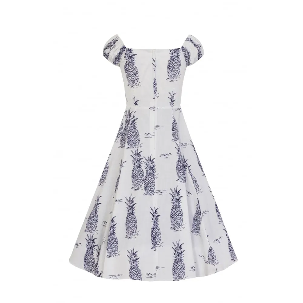 Dolores White & Blue Pineapple Print Doll Swing Dress by Collectif Vintage