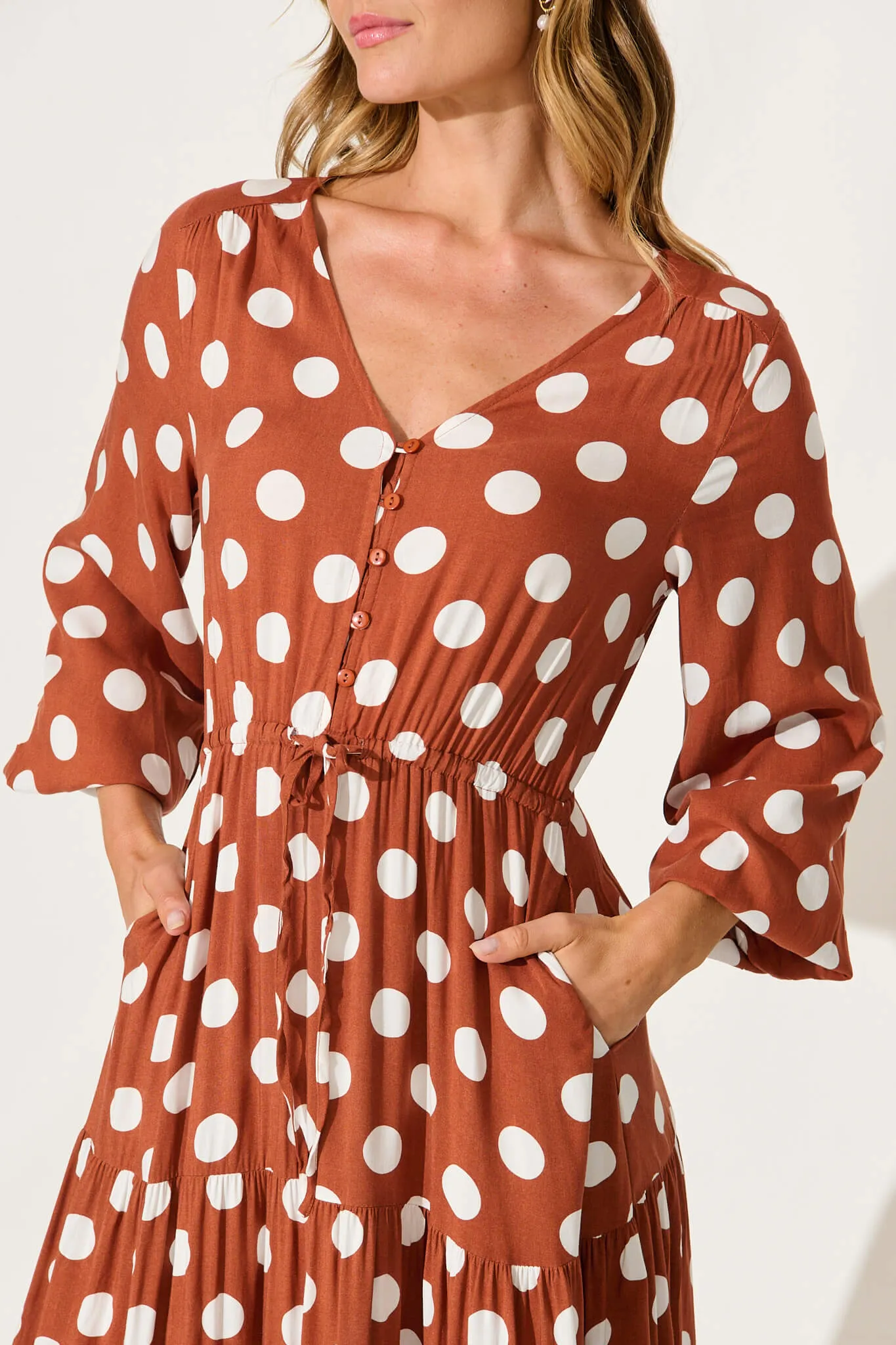 Elia Maxi Dress In Rust With White Polka Dot Ric Rac