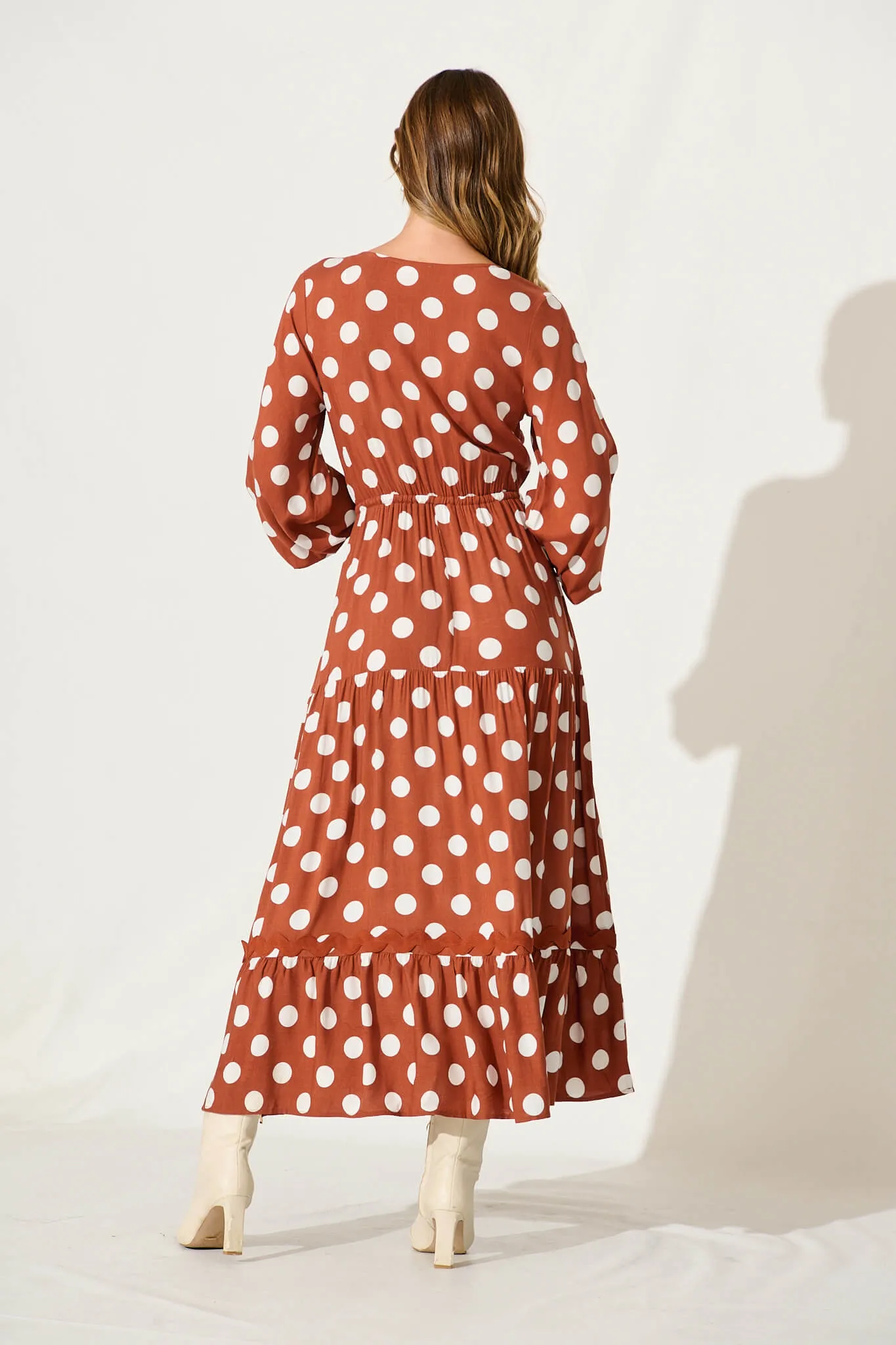 Elia Maxi Dress In Rust With White Polka Dot Ric Rac