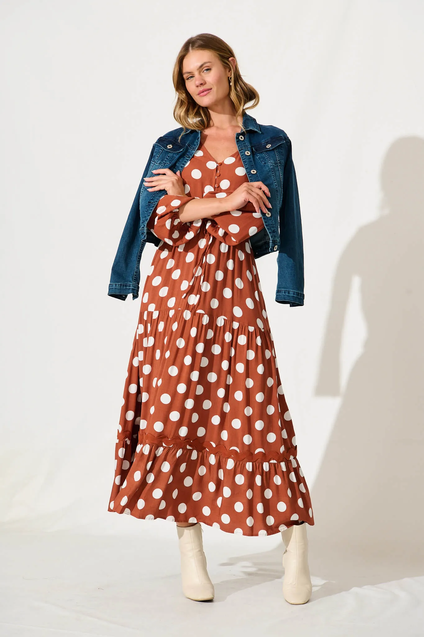 Elia Maxi Dress In Rust With White Polka Dot Ric Rac