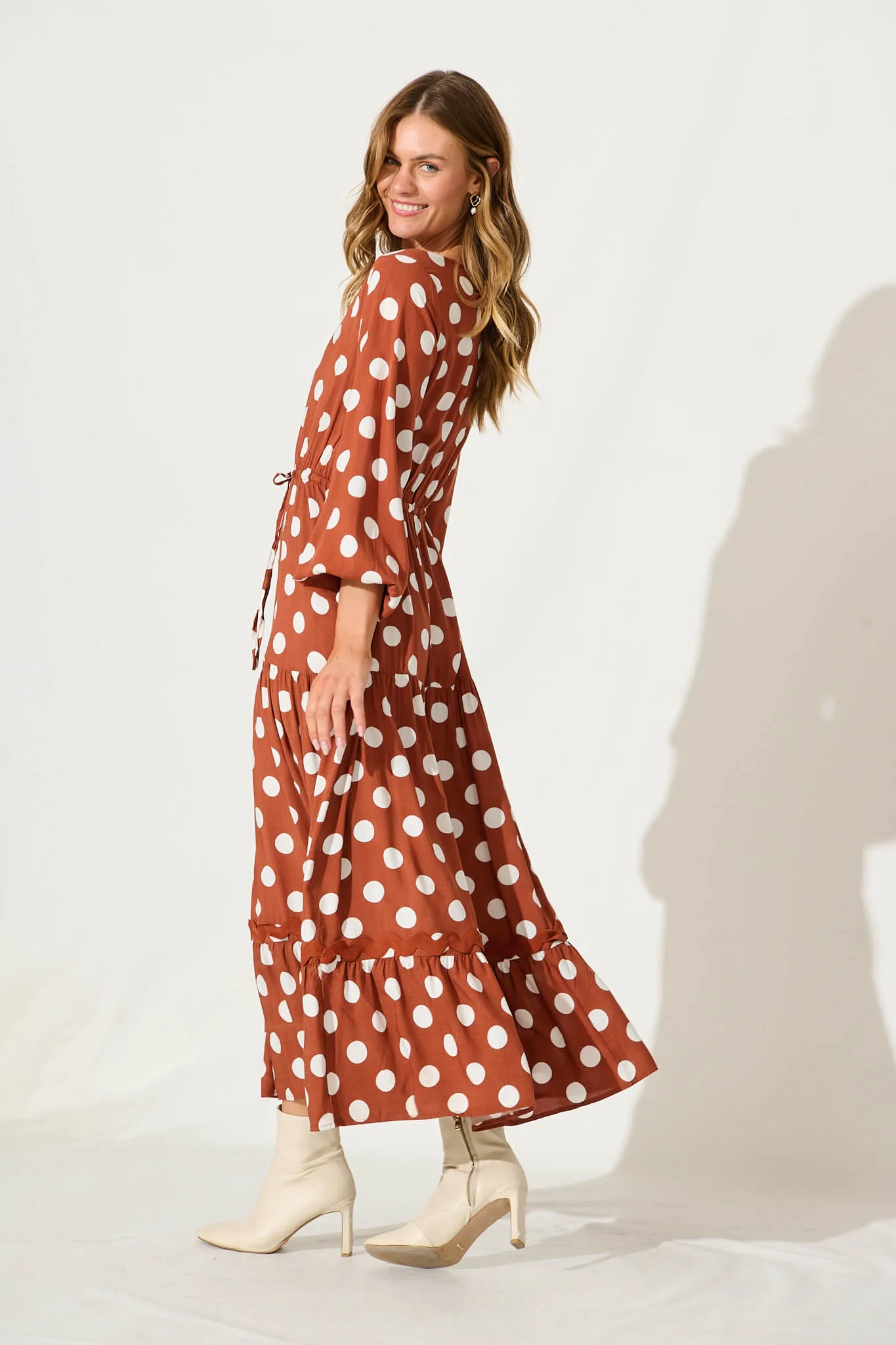 Elia Maxi Dress In Rust With White Polka Dot Ric Rac