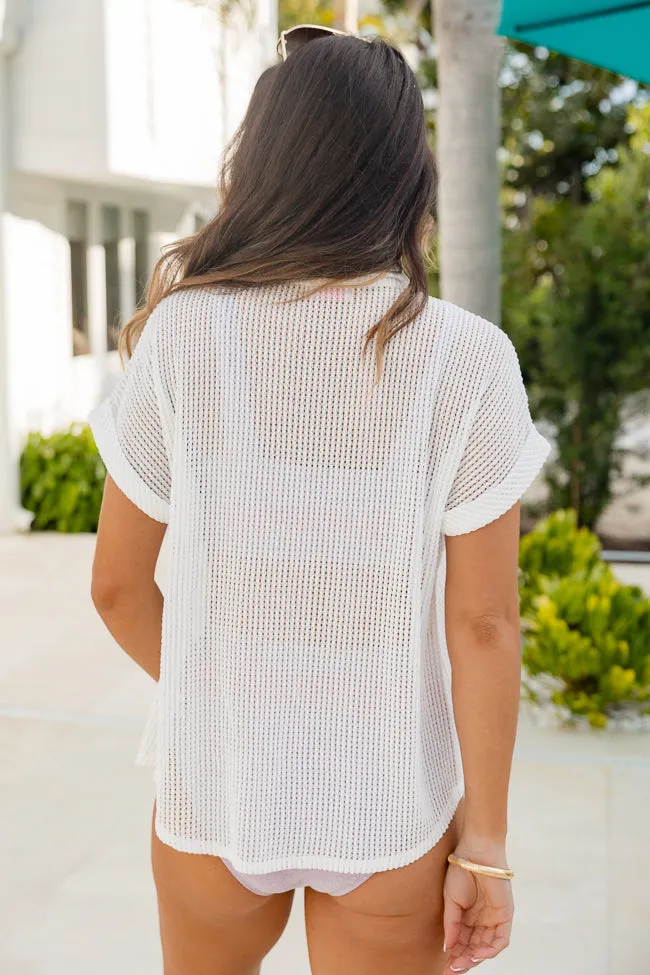 Endless Getaway White Crochet Button Up Top