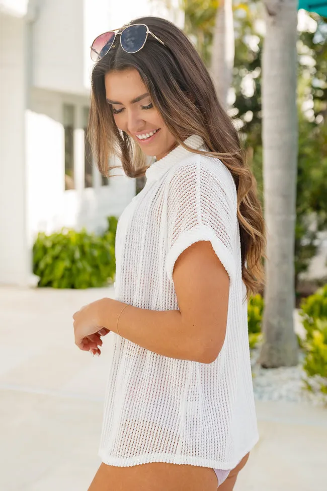 Endless Getaway White Crochet Button Up Top