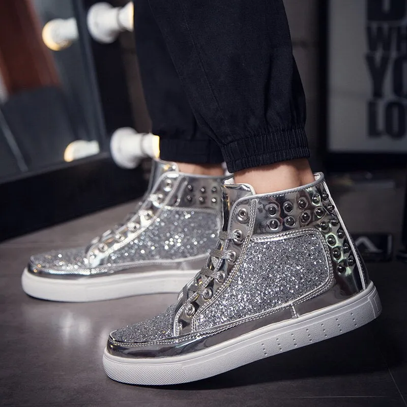Jinquedai Cool Men Women High Top Gold Glitter Sneakers Lace Up Platform Flats Gold Shoes Man Sequins krasovki Bling Shoes Ins