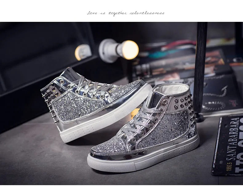 Jinquedai Cool Men Women High Top Gold Glitter Sneakers Lace Up Platform Flats Gold Shoes Man Sequins krasovki Bling Shoes Ins