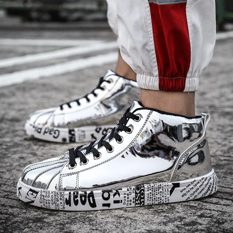 Jinquedai Cool Men Women High Top Gold Glitter Sneakers Lace Up Platform Flats Gold Shoes Man Sequins krasovki Bling Shoes Ins