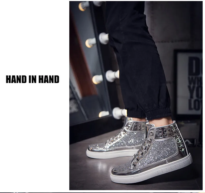 Jinquedai Cool Men Women High Top Gold Glitter Sneakers Lace Up Platform Flats Gold Shoes Man Sequins krasovki Bling Shoes Ins