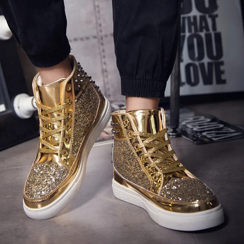 Jinquedai Cool Men Women High Top Gold Glitter Sneakers Lace Up Platform Flats Gold Shoes Man Sequins krasovki Bling Shoes Ins