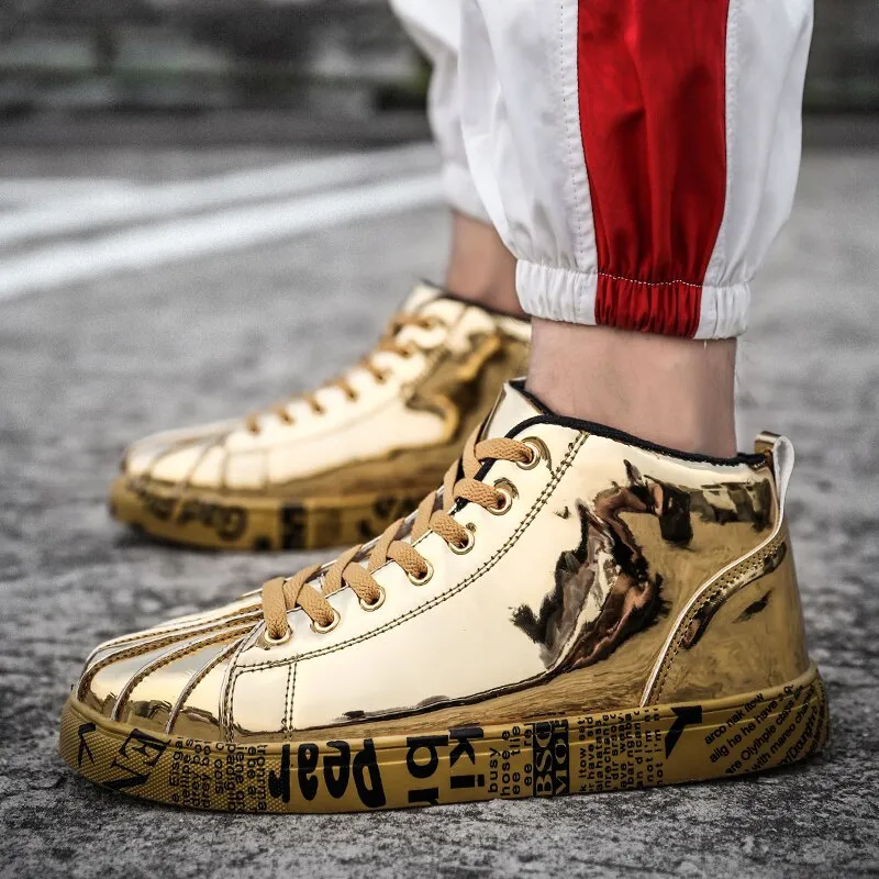 Jinquedai Cool Men Women High Top Gold Glitter Sneakers Lace Up Platform Flats Gold Shoes Man Sequins krasovki Bling Shoes Ins