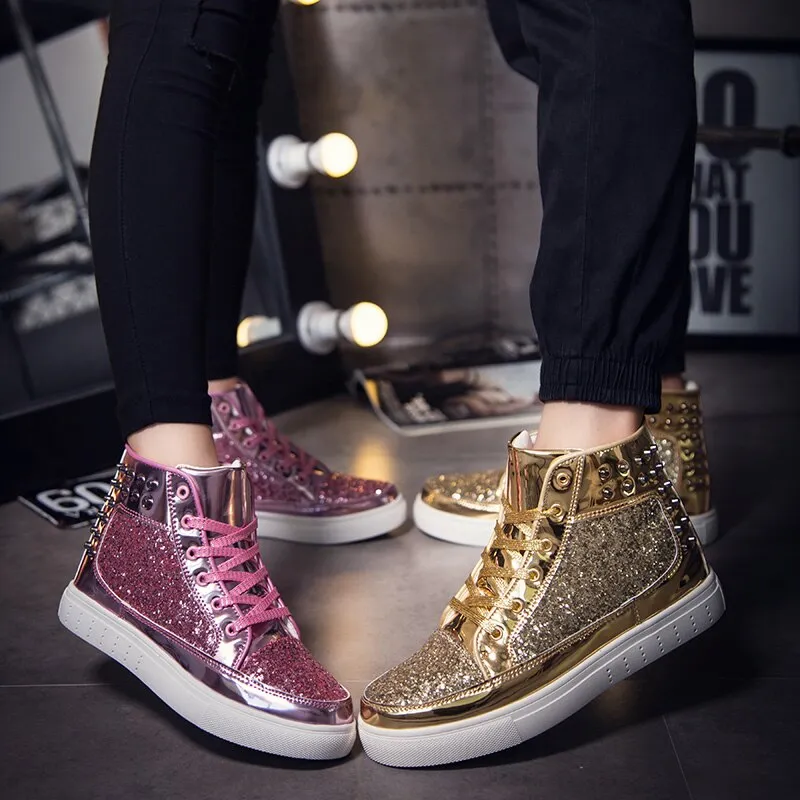 Jinquedai Cool Men Women High Top Gold Glitter Sneakers Lace Up Platform Flats Gold Shoes Man Sequins krasovki Bling Shoes Ins