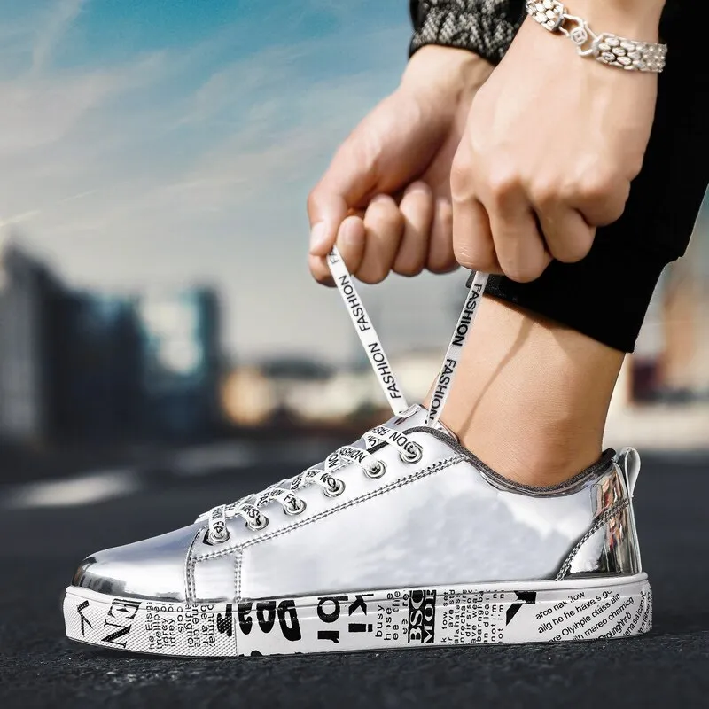 Jinquedai Cool Men Women High Top Gold Glitter Sneakers Lace Up Platform Flats Gold Shoes Man Sequins krasovki Bling Shoes Ins