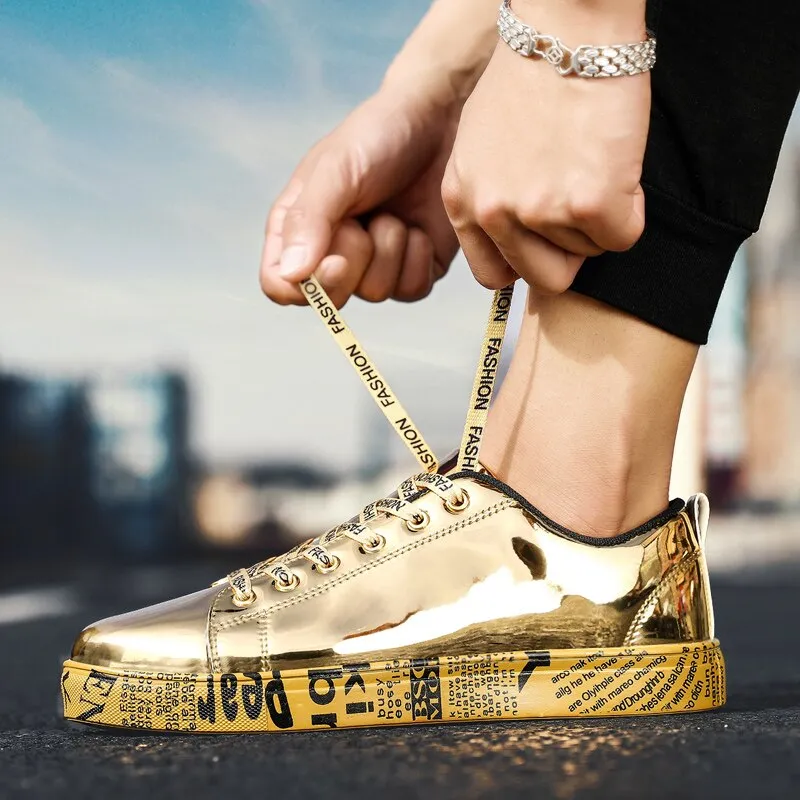 Jinquedai Cool Men Women High Top Gold Glitter Sneakers Lace Up Platform Flats Gold Shoes Man Sequins krasovki Bling Shoes Ins