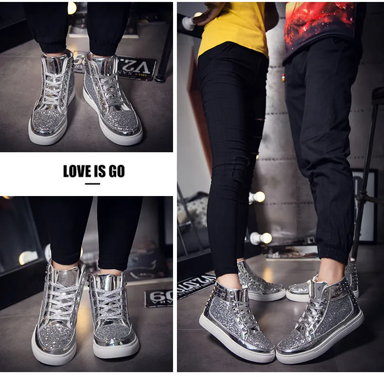 Jinquedai Cool Men Women High Top Gold Glitter Sneakers Lace Up Platform Flats Gold Shoes Man Sequins krasovki Bling Shoes Ins