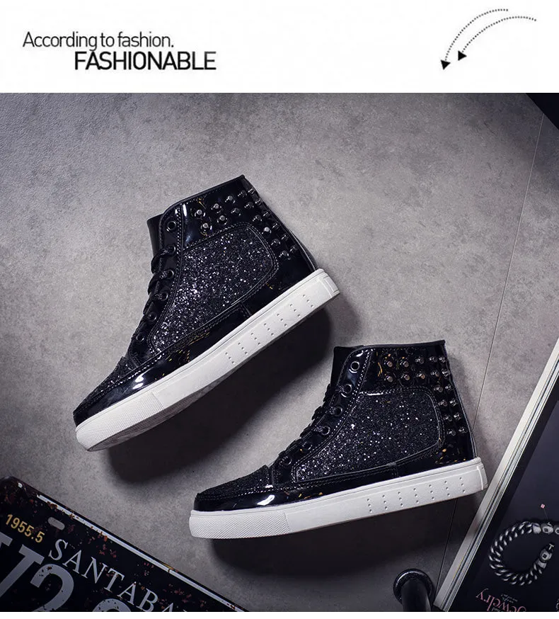 Jinquedai Cool Men Women High Top Gold Glitter Sneakers Lace Up Platform Flats Gold Shoes Man Sequins krasovki Bling Shoes Ins