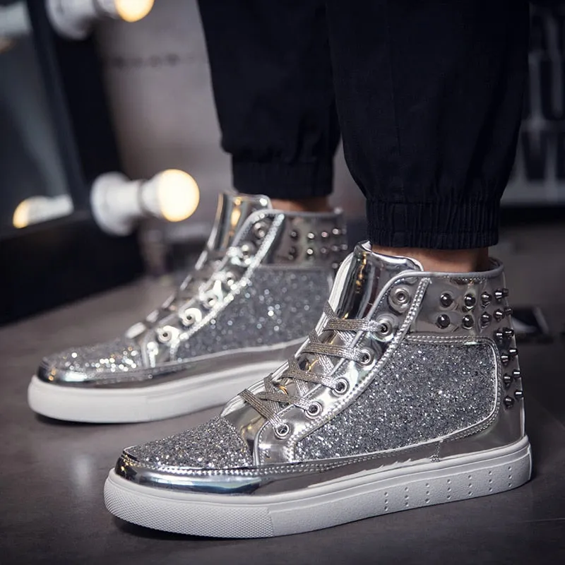 Jinquedai Cool Men Women High Top Gold Glitter Sneakers Lace Up Platform Flats Gold Shoes Man Sequins krasovki Bling Shoes Ins
