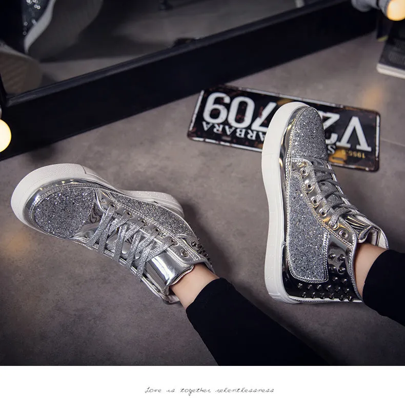Jinquedai Cool Men Women High Top Gold Glitter Sneakers Lace Up Platform Flats Gold Shoes Man Sequins krasovki Bling Shoes Ins