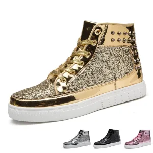 Jinquedai Cool Men Women High Top Gold Glitter Sneakers Lace Up Platform Flats Gold Shoes Man Sequins krasovki Bling Shoes Ins