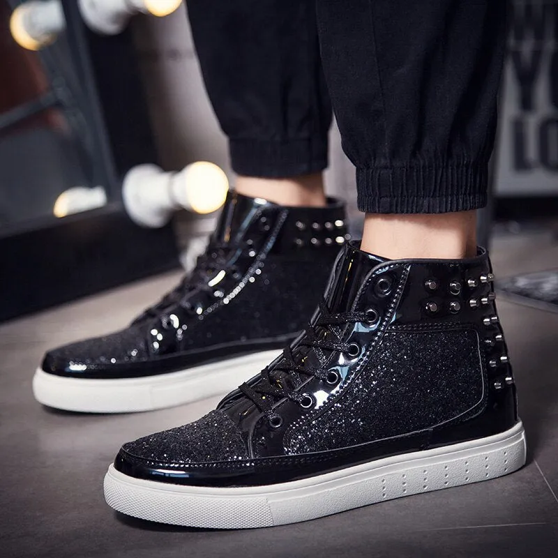 Jinquedai Cool Men Women High Top Gold Glitter Sneakers Lace Up Platform Flats Gold Shoes Man Sequins krasovki Bling Shoes Ins