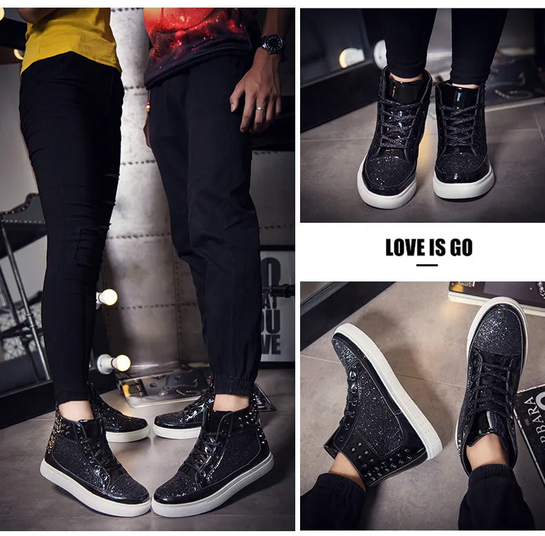Jinquedai Cool Men Women High Top Gold Glitter Sneakers Lace Up Platform Flats Gold Shoes Man Sequins krasovki Bling Shoes Ins