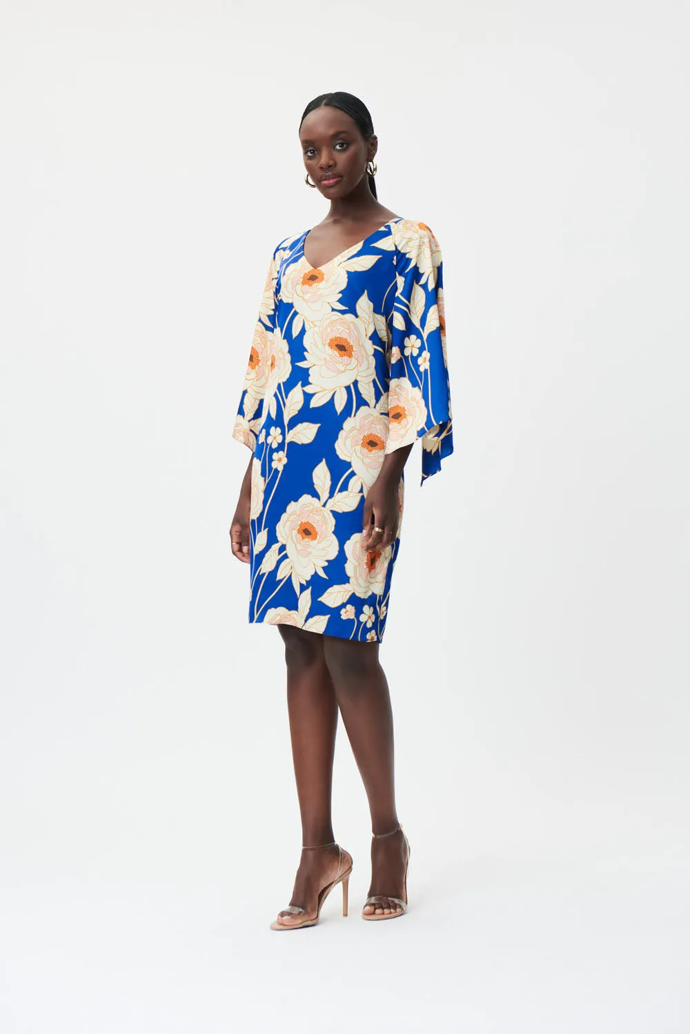 Joseph Ribkoff Royal Sapphire/Multi Bell Sleeve Satin V-Neck Dress Style 232109