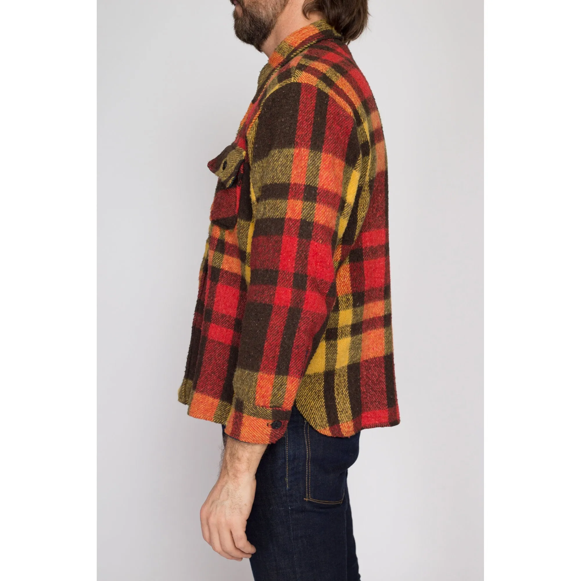 Medium Short 70s Red & Yellow Plaid Flannel Overshirt