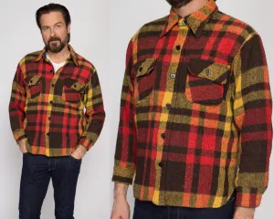 Medium Short 70s Red & Yellow Plaid Flannel Overshirt