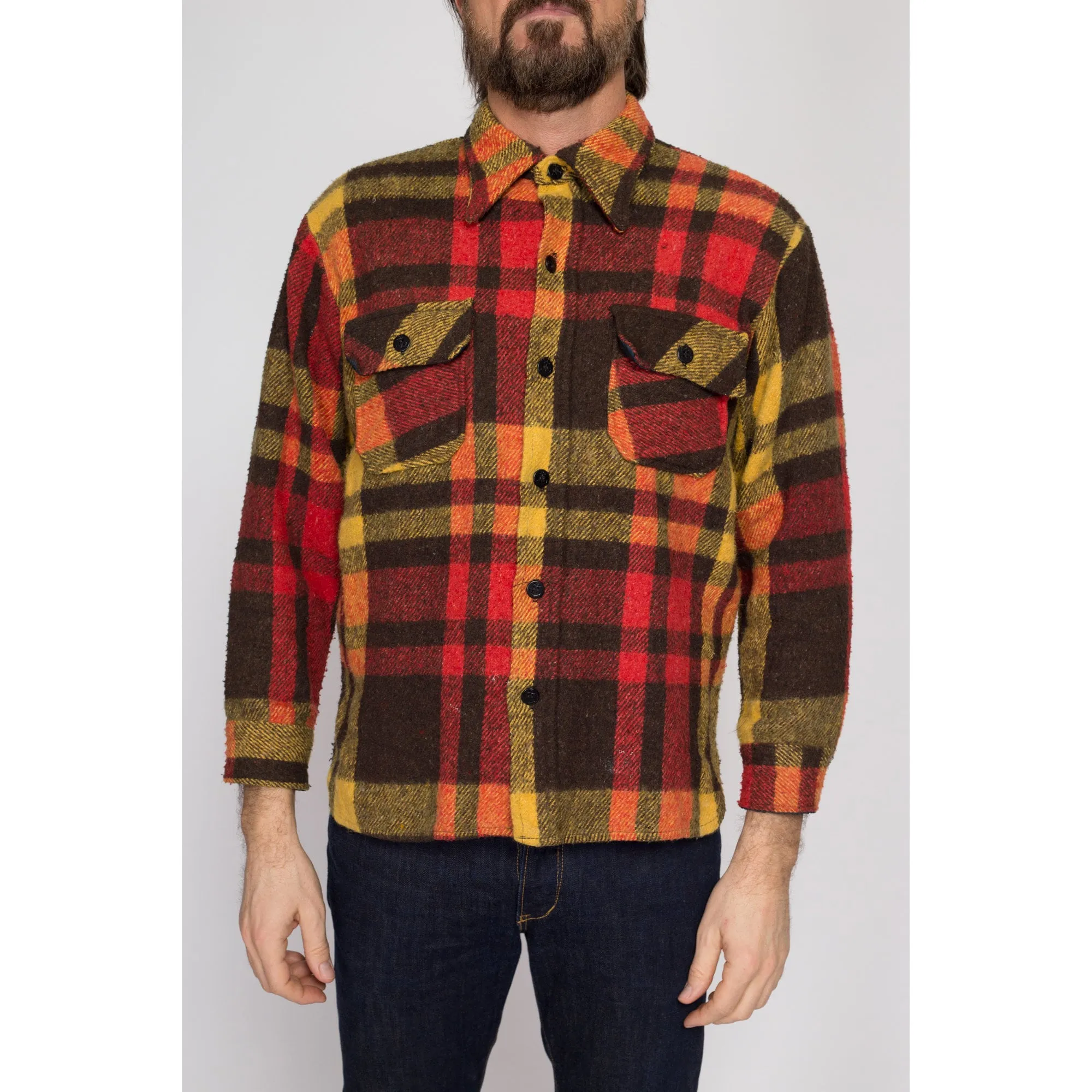 Medium Short 70s Red & Yellow Plaid Flannel Overshirt
