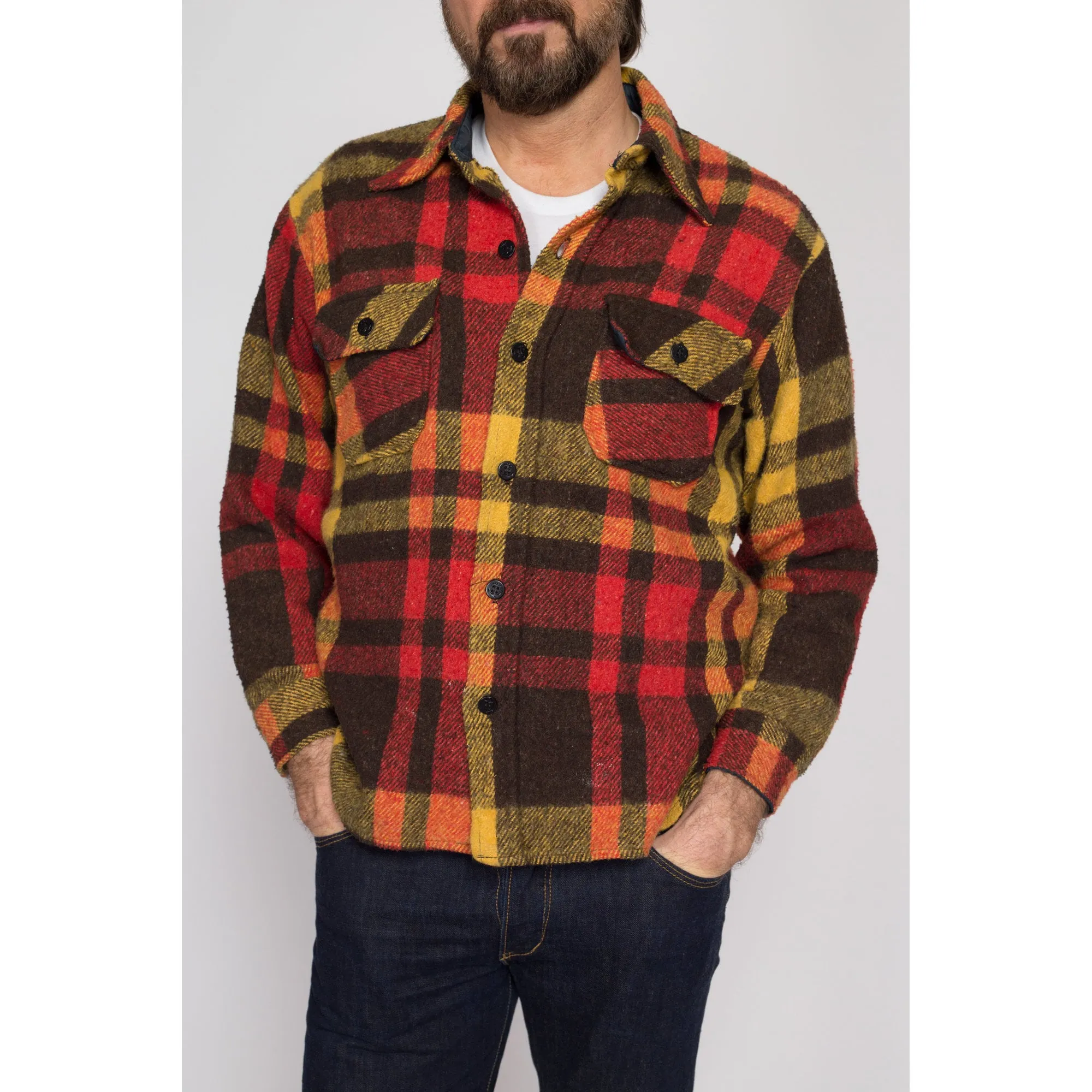 Medium Short 70s Red & Yellow Plaid Flannel Overshirt