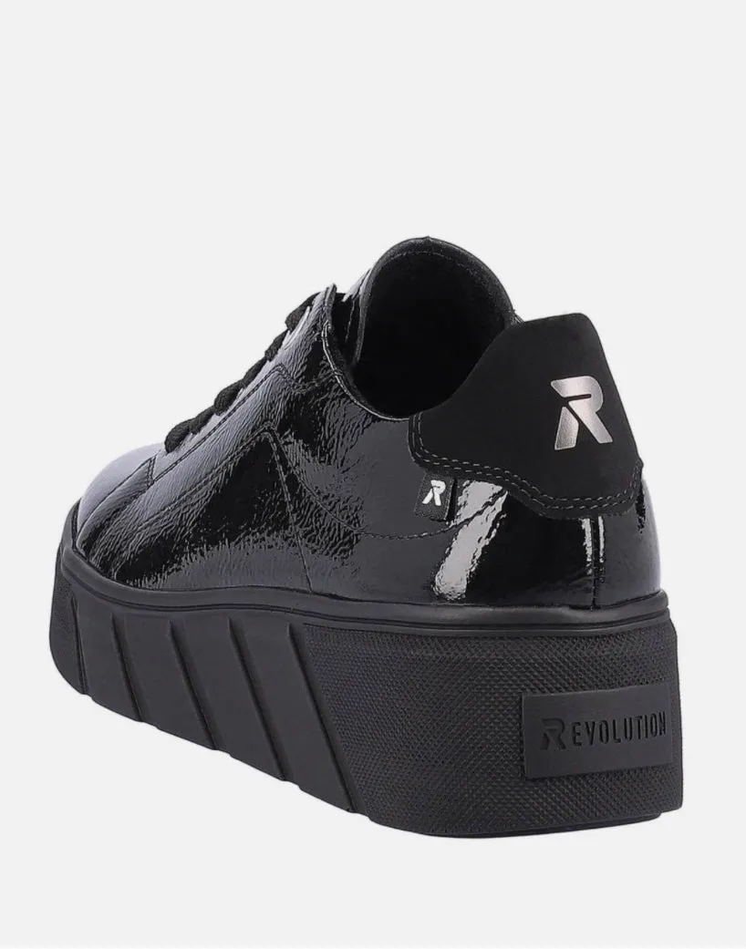 Rieker Evolution W0501-00 Crashlack Black Patent Leather Flatform Trainers