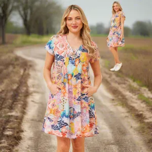Short Sleeve Dress With Pockets - Multi Pink