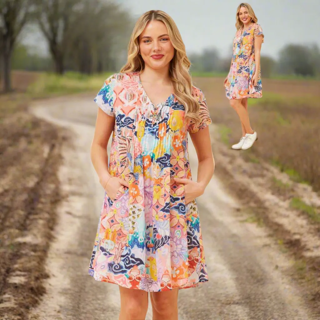 Short Sleeve Dress With Pockets - Multi Pink