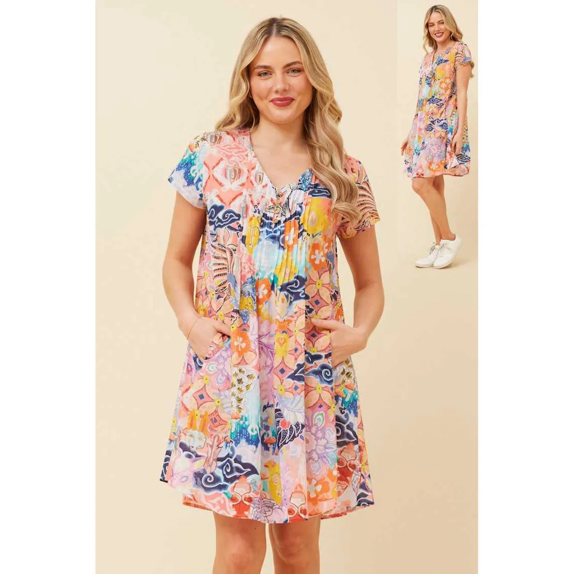 Short Sleeve Dress With Pockets - Multi Pink