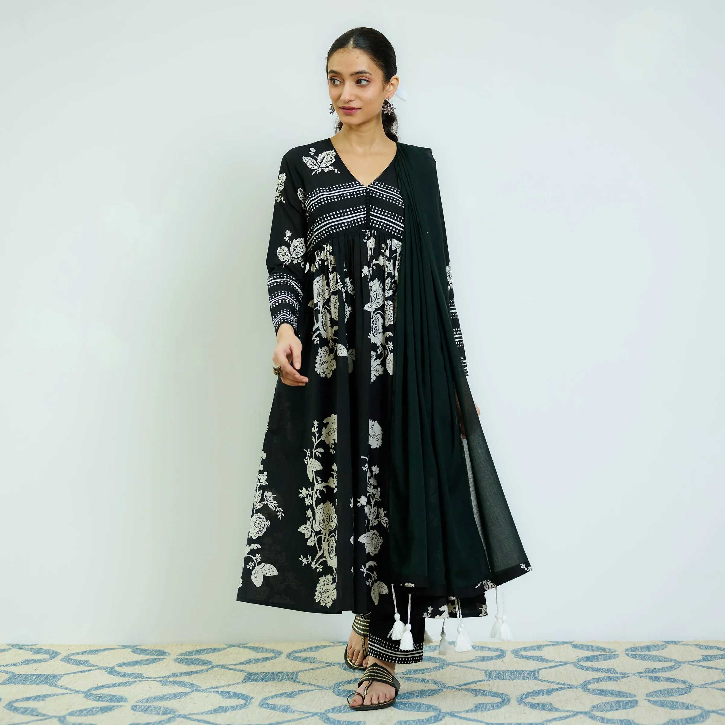 Zehra Black Cotton Kurta Set with Mul Cotton Dupatta & Tassel Detail